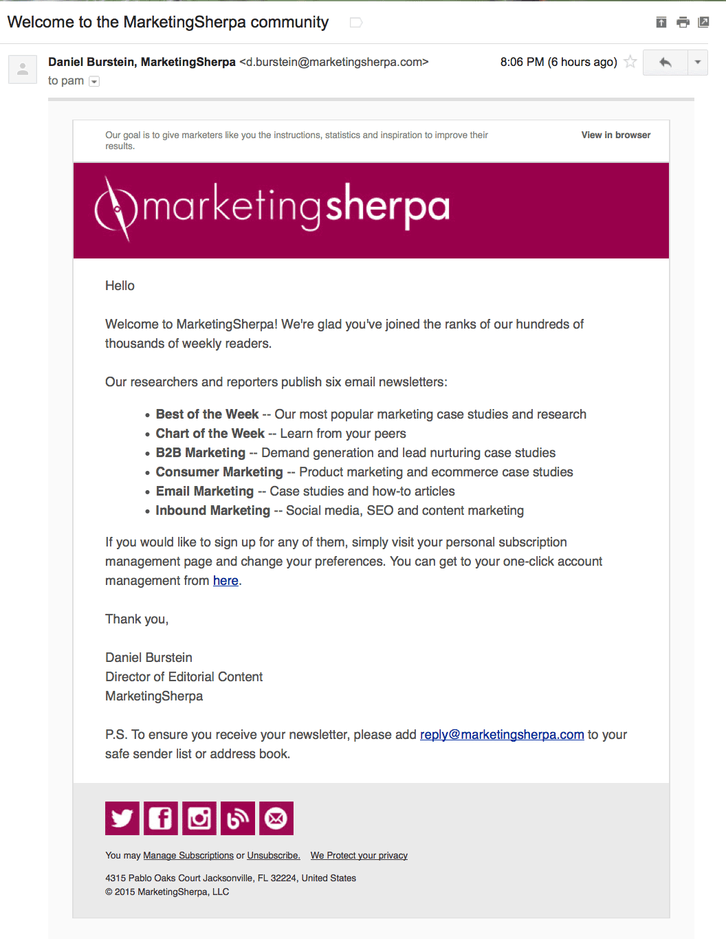 Marketing Sherpa Welcome email