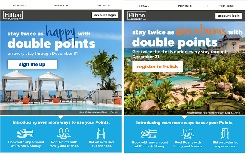 segmentation example: comparison of Hilton Honors member account emails